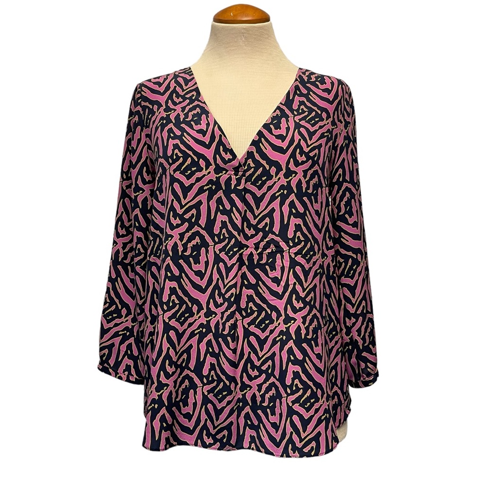 ELLIE KAI PURPLE BLUE SILK PRINT SUMMER SHIRT TOP COASTAL CHIC TUNIC LONG SLEEVE